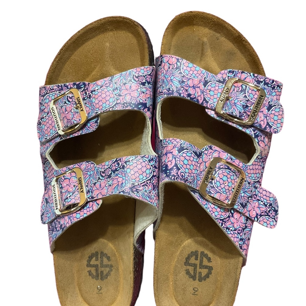 Simply Southern Floral Buckle Slip on Flip Flop Sandals Size 9 Pink/Blue - Picture 7 of 14